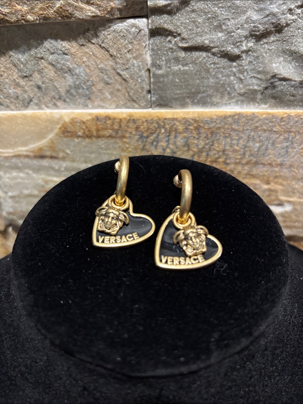 Black & Gold Heart Medusa Charm Hoop Earrings